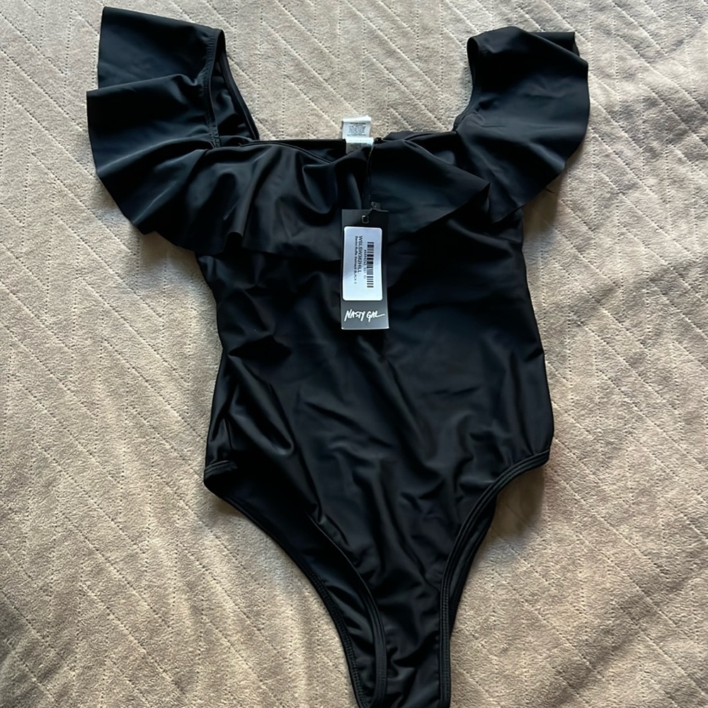 Nasty gal one piece bathing suit black with ruffles new with tag